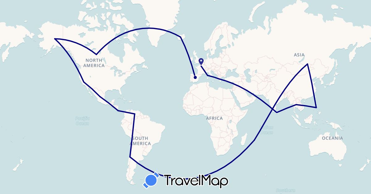TravelMap itinerary: driving in Australia, Canada, Chile, Costa Rica, Spain, France, Greece, Iceland, Sri Lanka, Mauritius, Mexico, Philippines, Thailand, United States, Venezuela (Africa, Asia, Europe, North America, Oceania, South America)